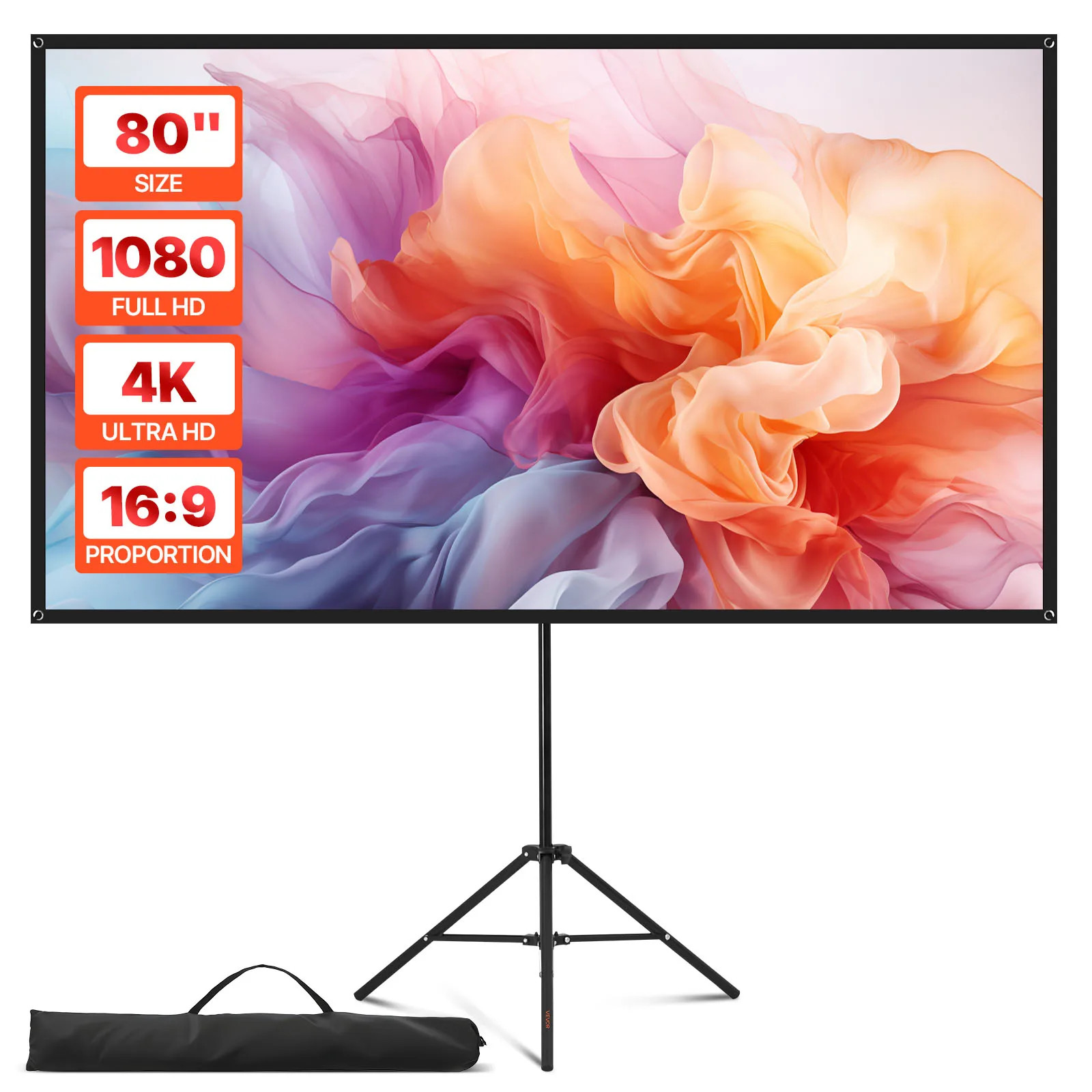 80" Projector Screen with Stand 16:9 4K HD Portable Tripod Carry Bag Theater