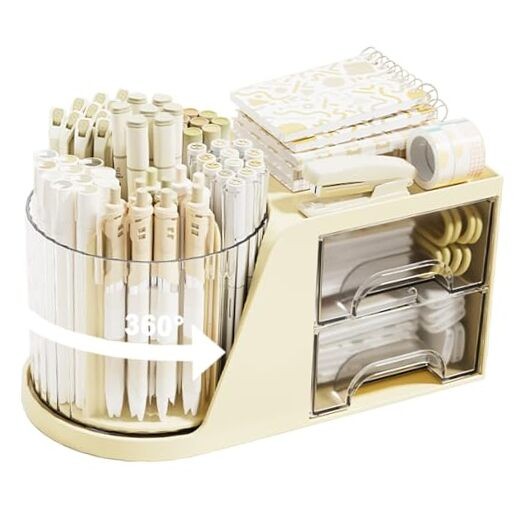 Rotating Desk Organizer with 2 Drawer, 6 Slots Multi-Functional Pencil Beige