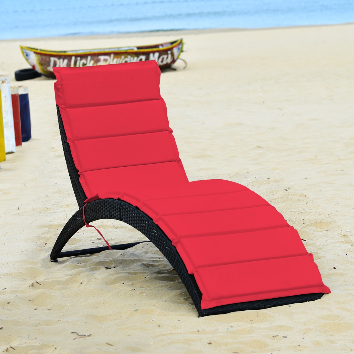 2PCS Folding Patio Rattan Lounge Chair Chaise Cushioned Portable Garden Lawn Red