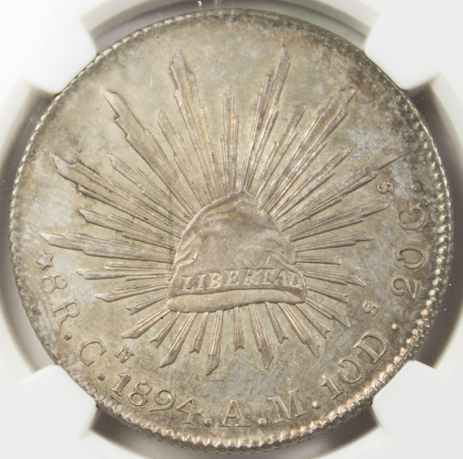 MEXICO Republic 1894 CN AM Cap & Rays 8 Reales Silver Coin NGC MS64 Nice Toning