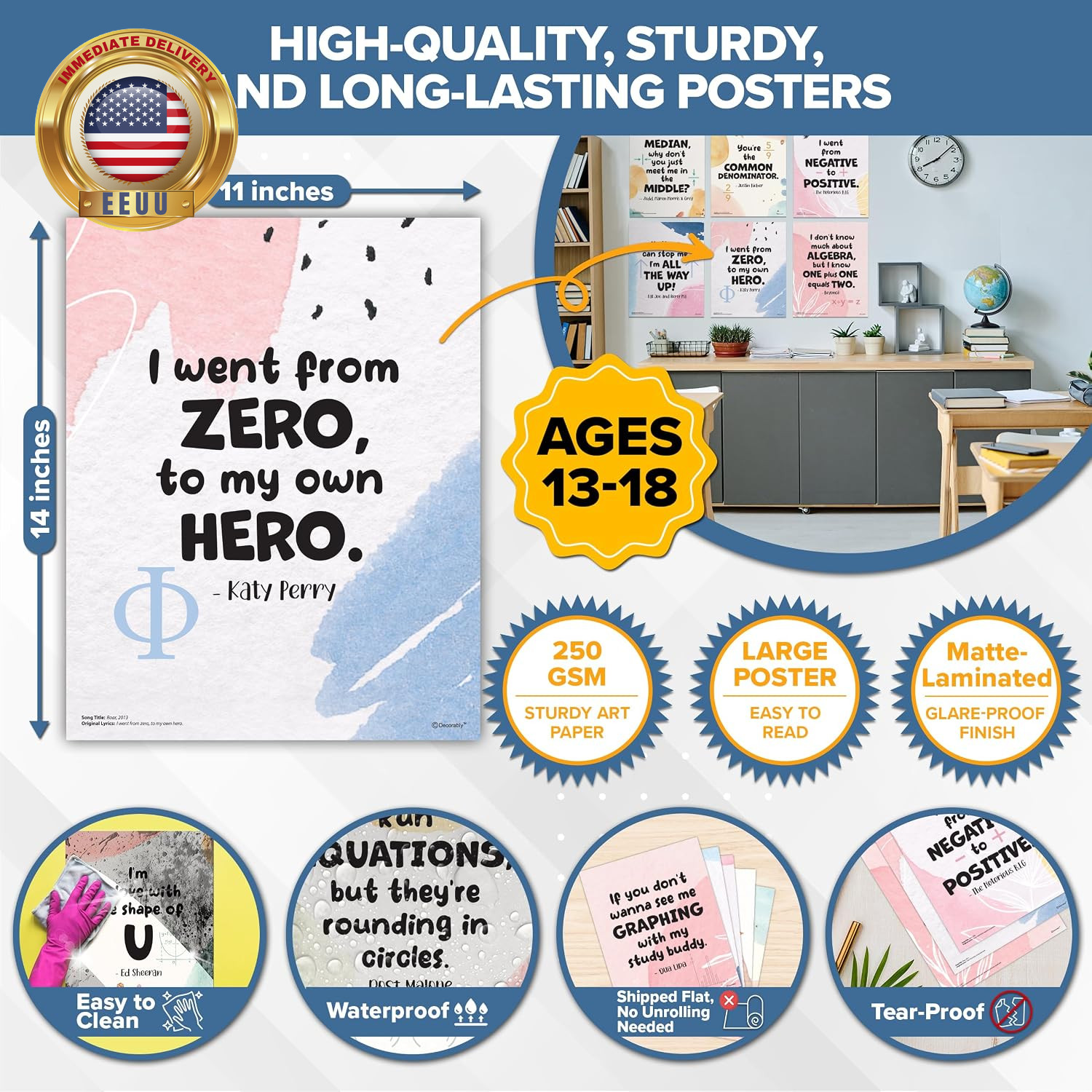 16 Math Posters for High School, 11X14In Educational, Matte-Laminated Classroom