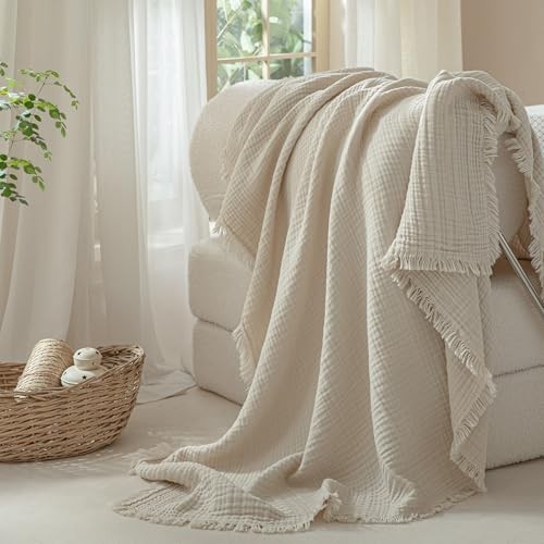 Muslin Fringe Blanket for Adults 100% Cotton 4-Layer Throw (50" × 60") Beige
