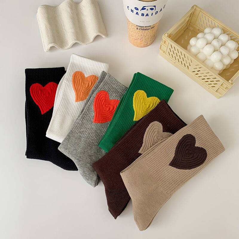 Women Cotton Sock Cute Love Heart Print Retro Embroidery Warm Long High Hosiery❥