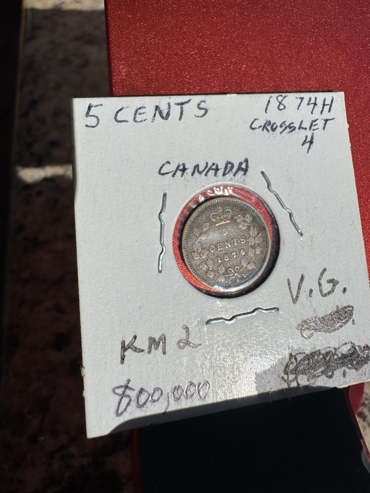 1874-H Canada 5 Cents Silver Coin  Crosslet 4 ?