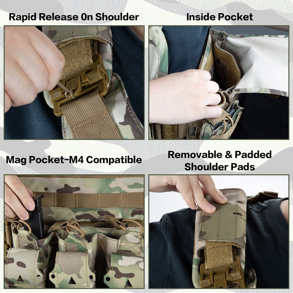 Adjustable Combat Vest, Breathable Mesh, MOLLE Webbing, for Hiking & Airsoft