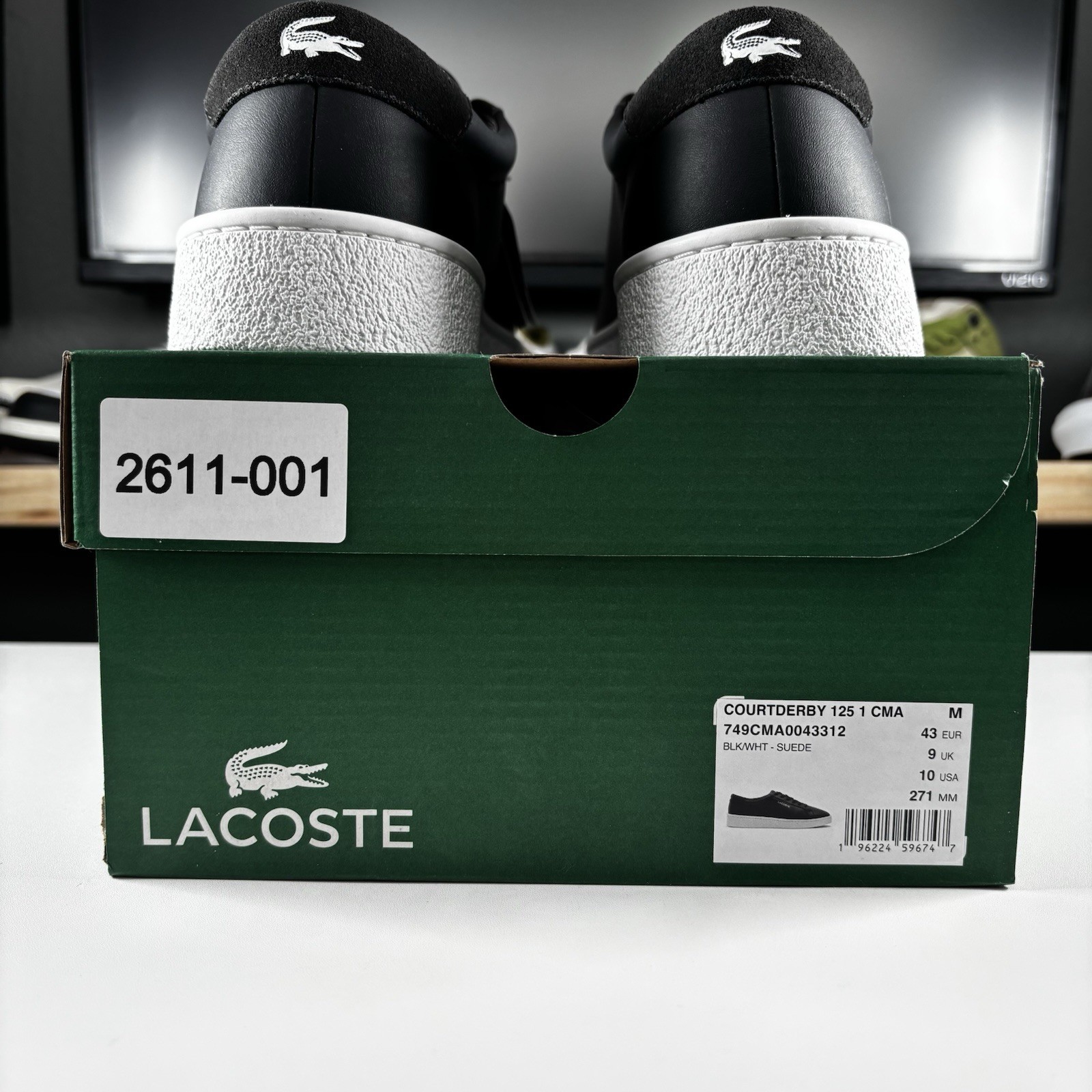 Sz 10 Lacoste Courtderby Leather Sneakers Mens Black White 749CMA0043312 NEW