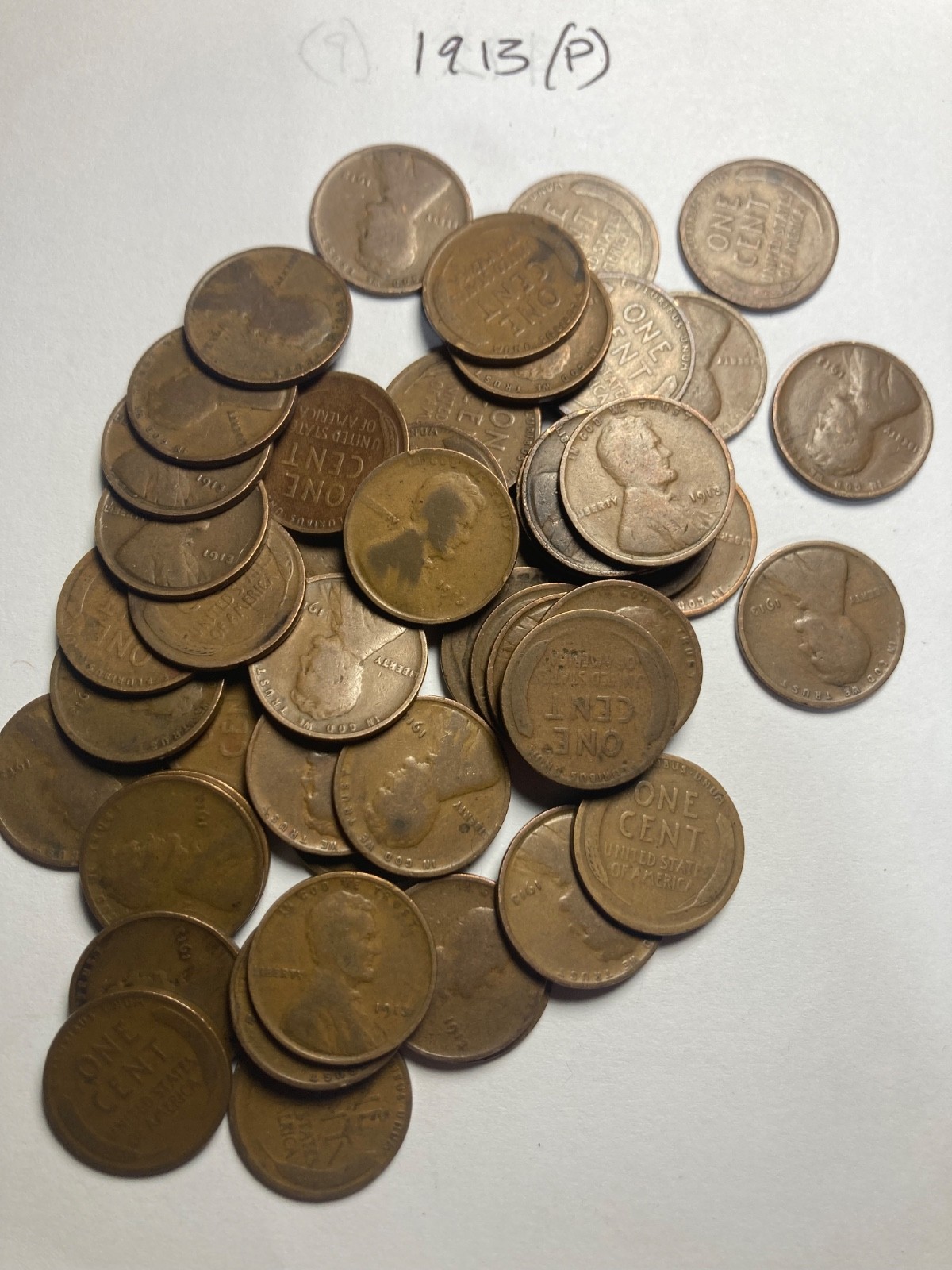 1913 (P) LINCOLN WHEAT CENT ROLL, 50 coins, G/VG condition