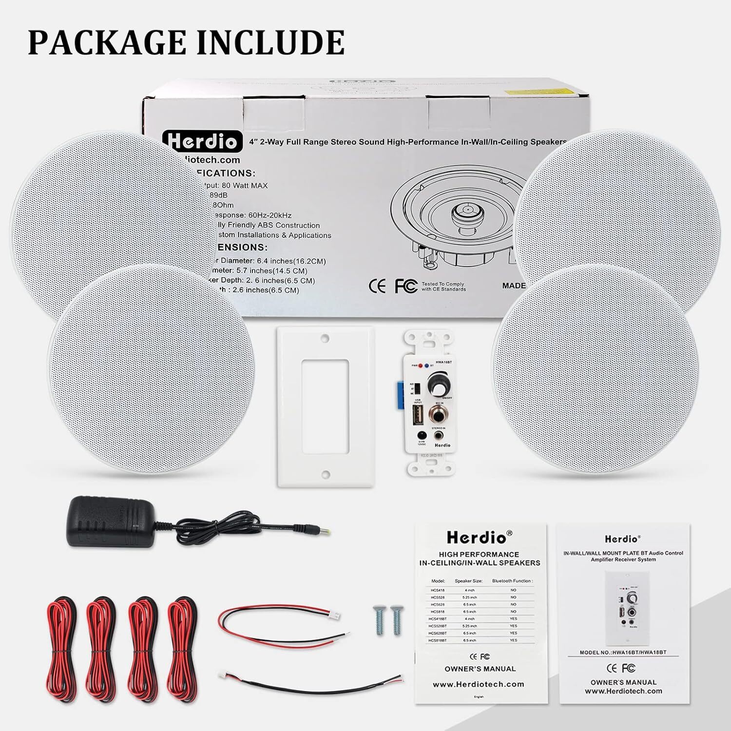 Herdio Bluetooth Ceiling Speakers Wired 4" 2-Way w/ 4-Channel Amplifier Receiver