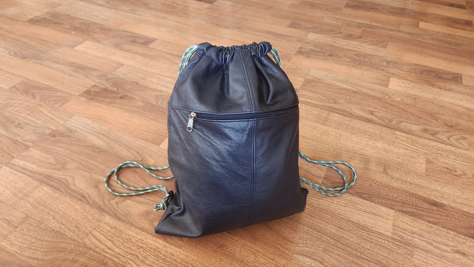 Blue Leather Drawstring Sackpack Bag, String Sack Backpack Handbag, Cory