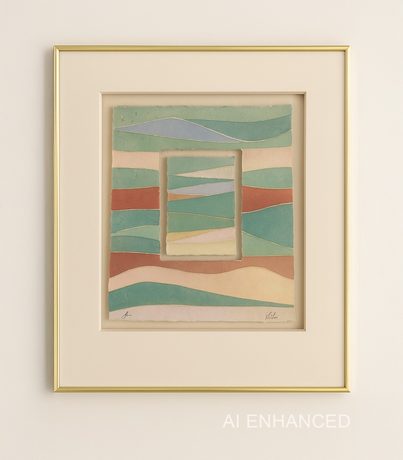 Lori “Vista” Torn Handmade Paper Collage Framed Abstract Landscape