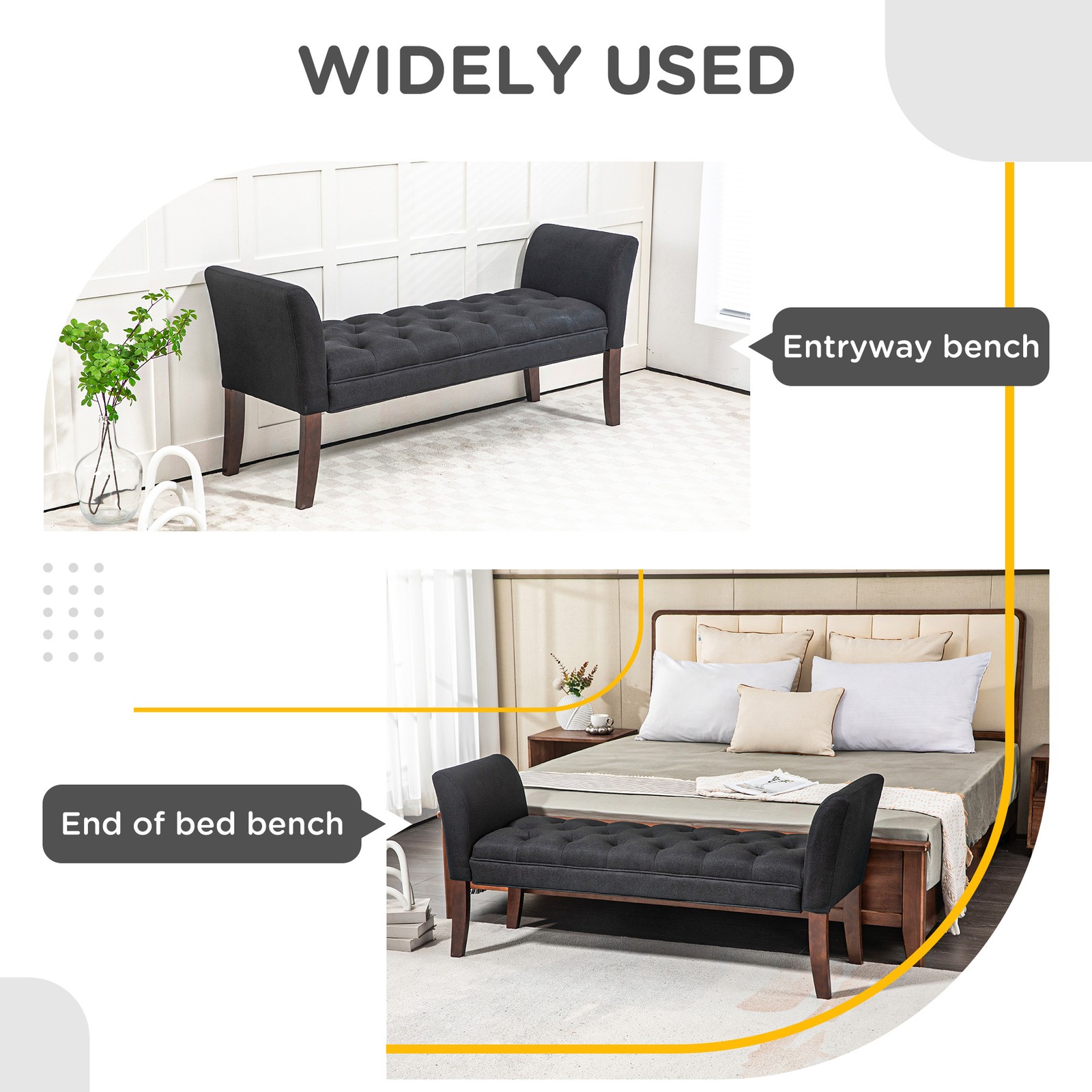 Button Tufted End of Bed Bench with Upholstered Arms and Solid Wood Legs, Black