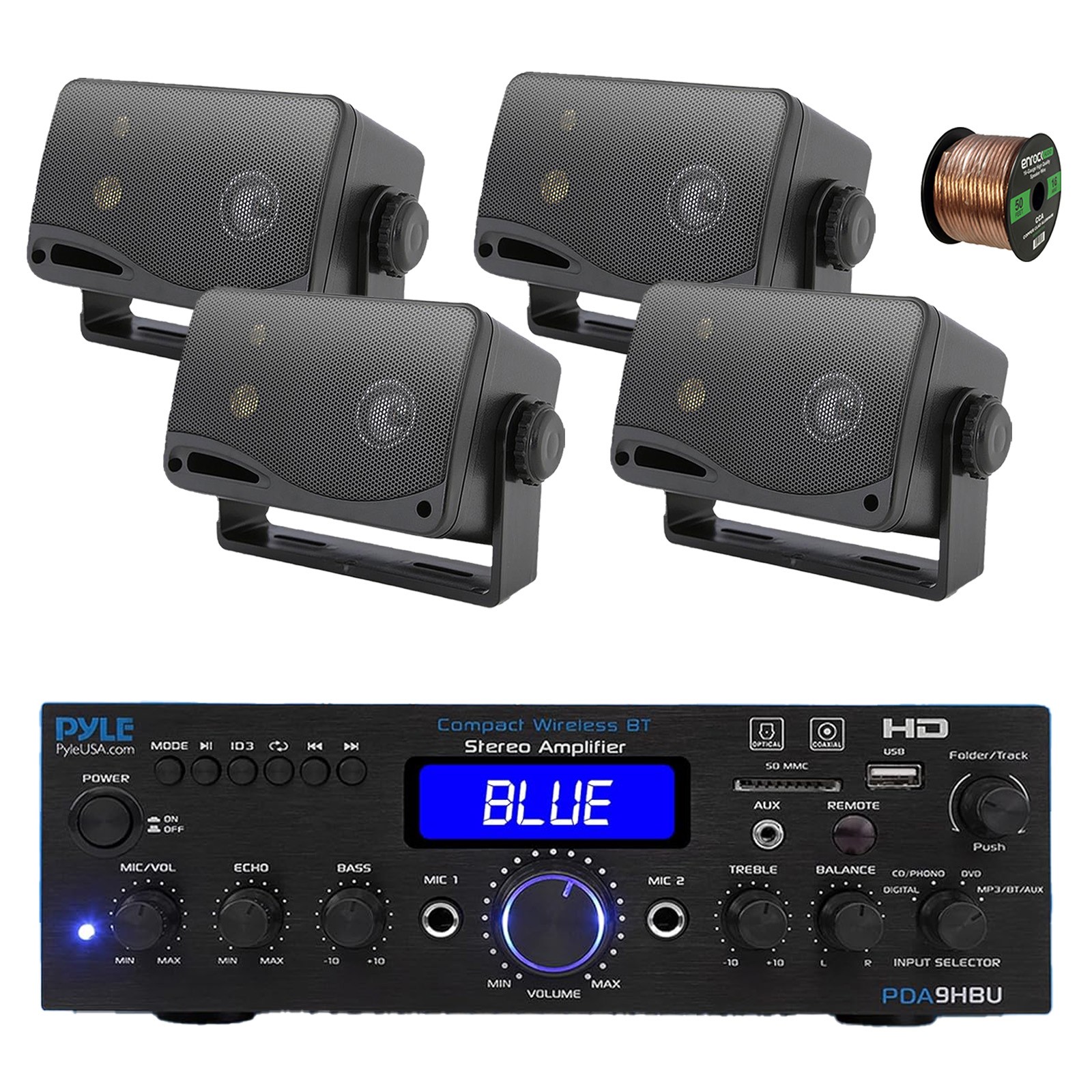 Pyle PDA9HBU 2-Channel Home Audio Bluetooth Receiver, 4x 3.5" 200W Speaker,Wire