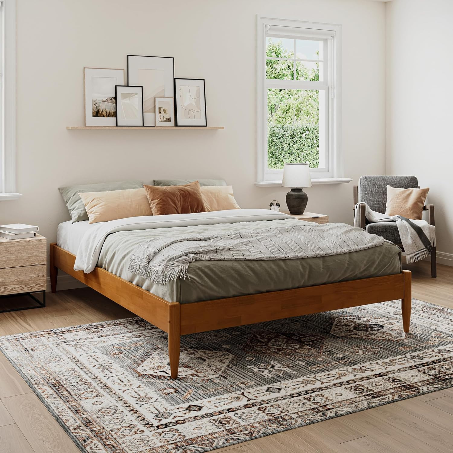 Mid Century Modern 12" Queen Platform Bed in Light Toffee Finish