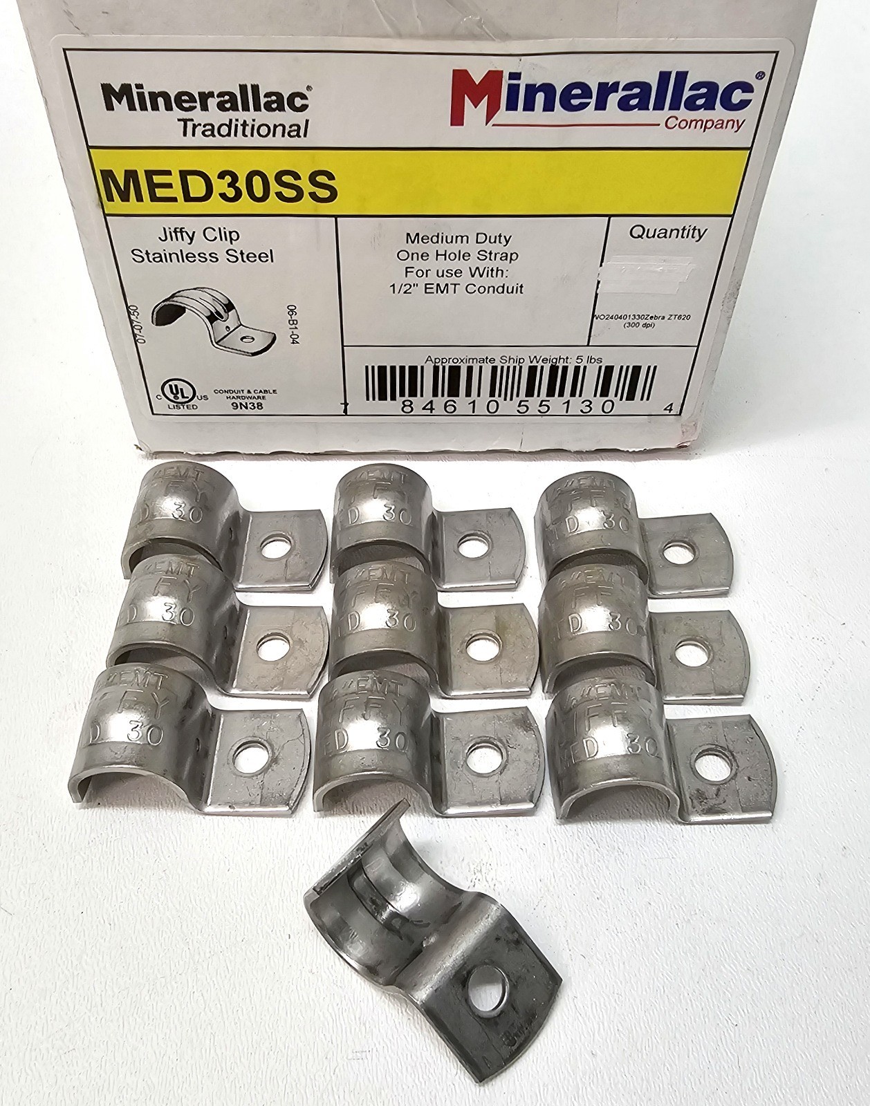 Lot Of 10 ~ Minerallac MED30SS ~ 1/2" EMT Conduit Jiffy Clip 1-Hole Strap 304 SS