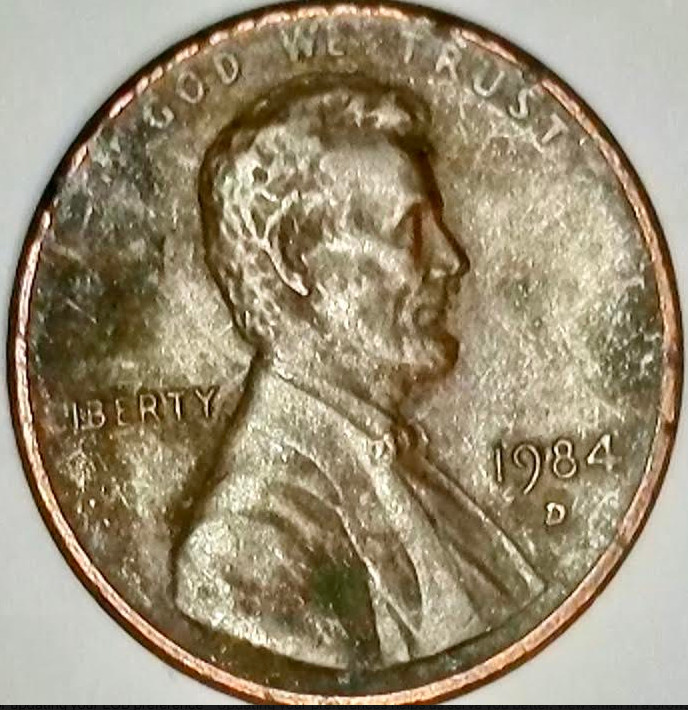 ONE CENT LINCOLN PENNY 1984 D RARE ,RIM & "L""WE"DAMAGE, LAST "T" ERRORS.