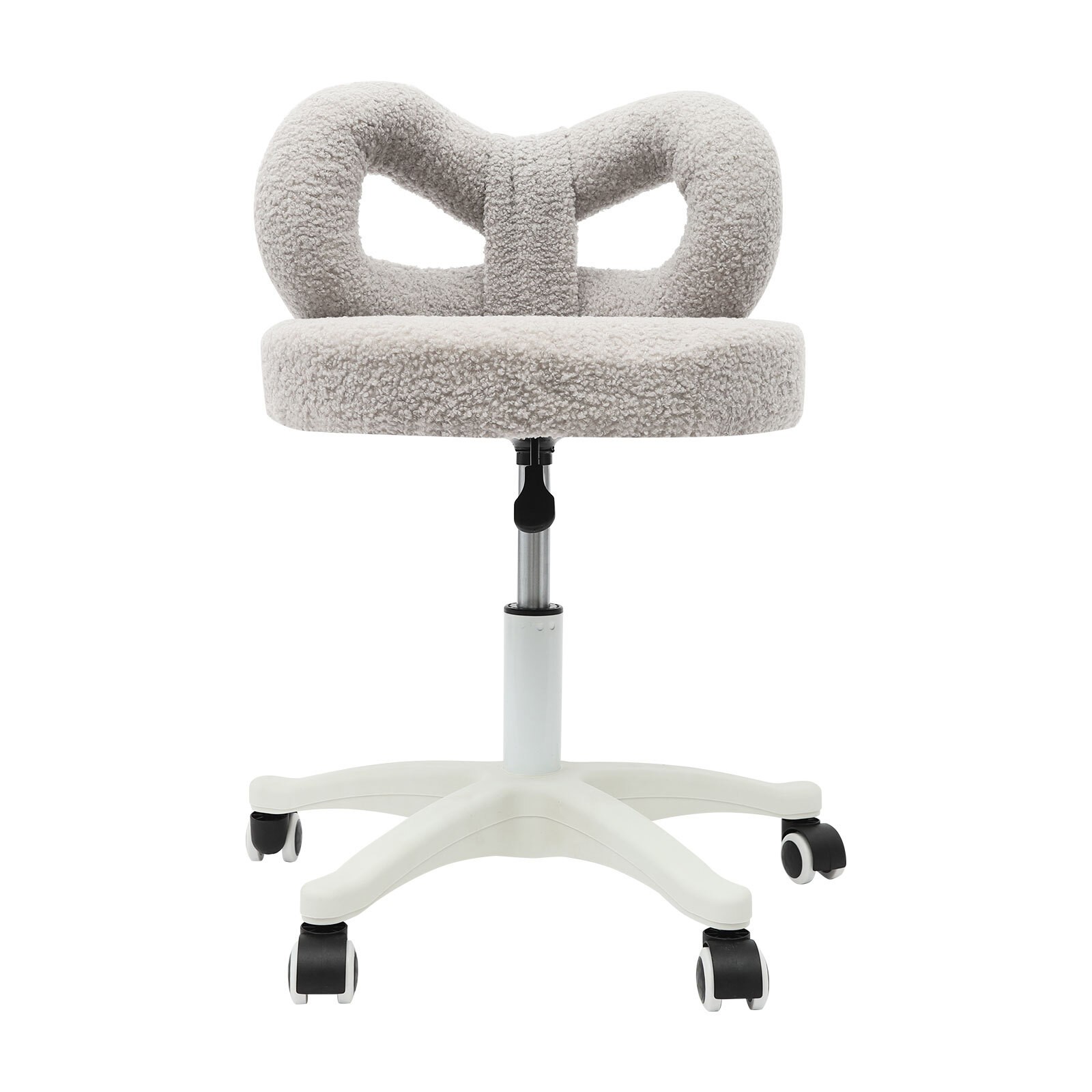 Lambswool Bow Back Desk Chair, Grey Swivel Rolling Vanity Stool, Height Adjust