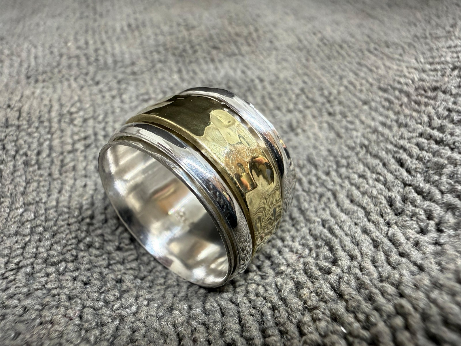 Solid 925 Sterling Silver with Brass Two Tone Fidget Spinner Worry Handmade Ring