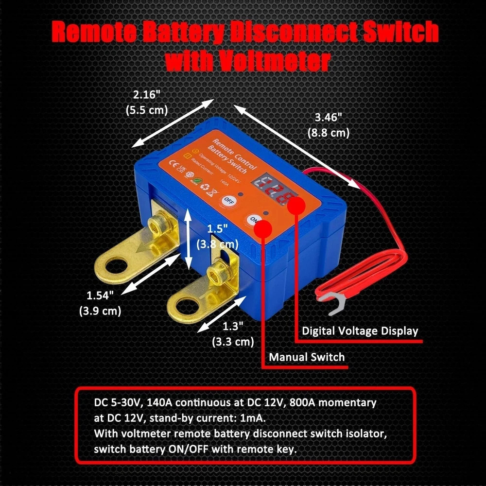 Remote Battery Disconnect Switch 12V W/Voltmeter, 140A Side Post Negative On/Off