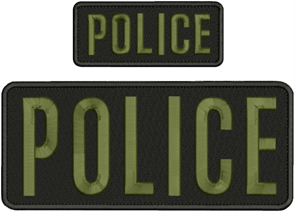 Police 2 Embroidery Patch 4x10 & 2x5 Hook On Back Od Green On Black