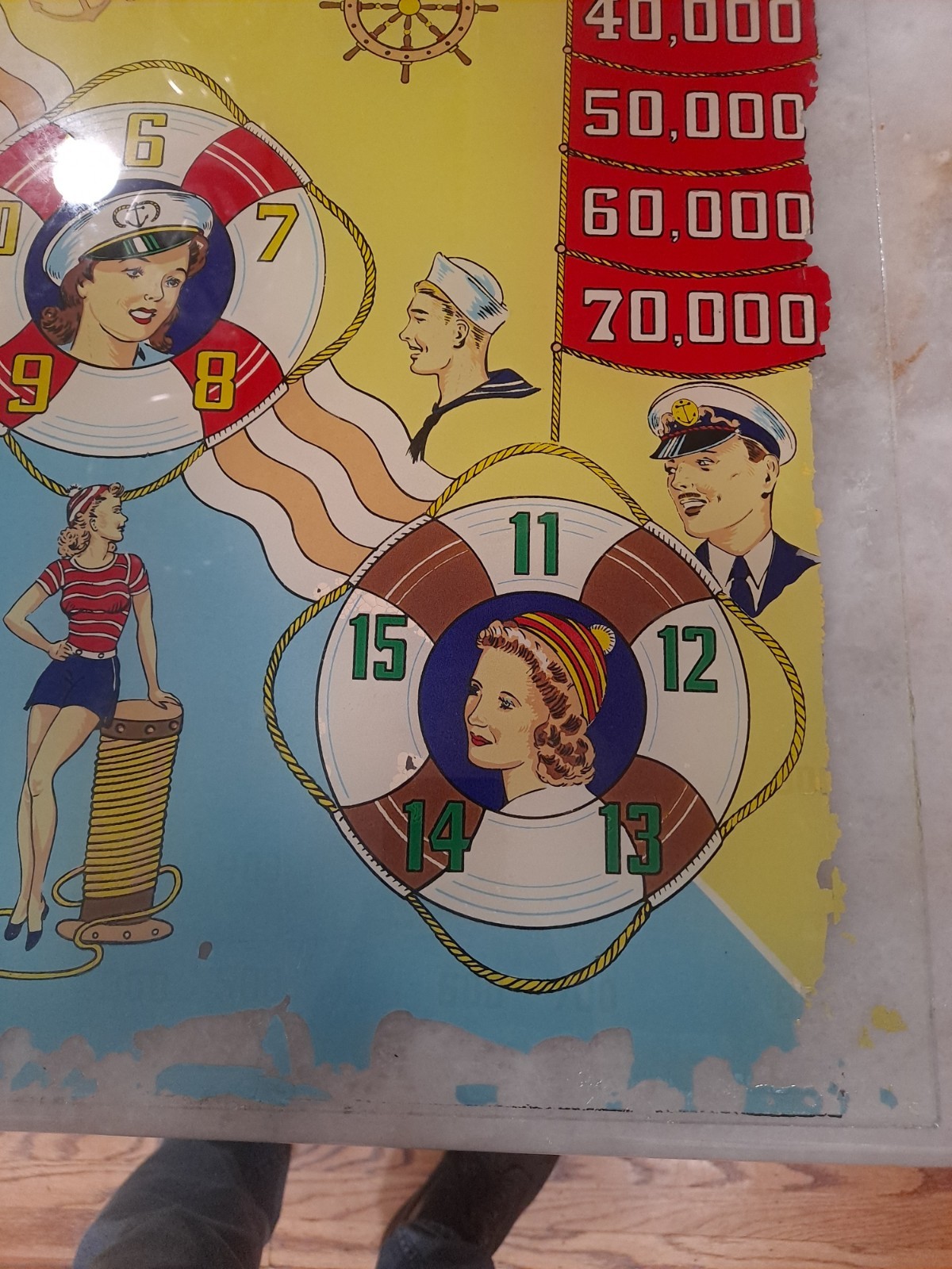GOTTLIEB,S, ON DECK, Original Pinball Machine BACK GLASS, 1964