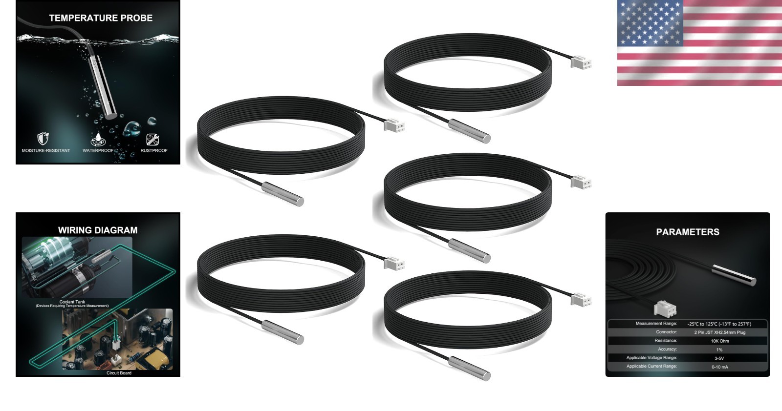 Versatile 5Pcs 10k Temperature Sensor Probes, 3M Length for Home Applications