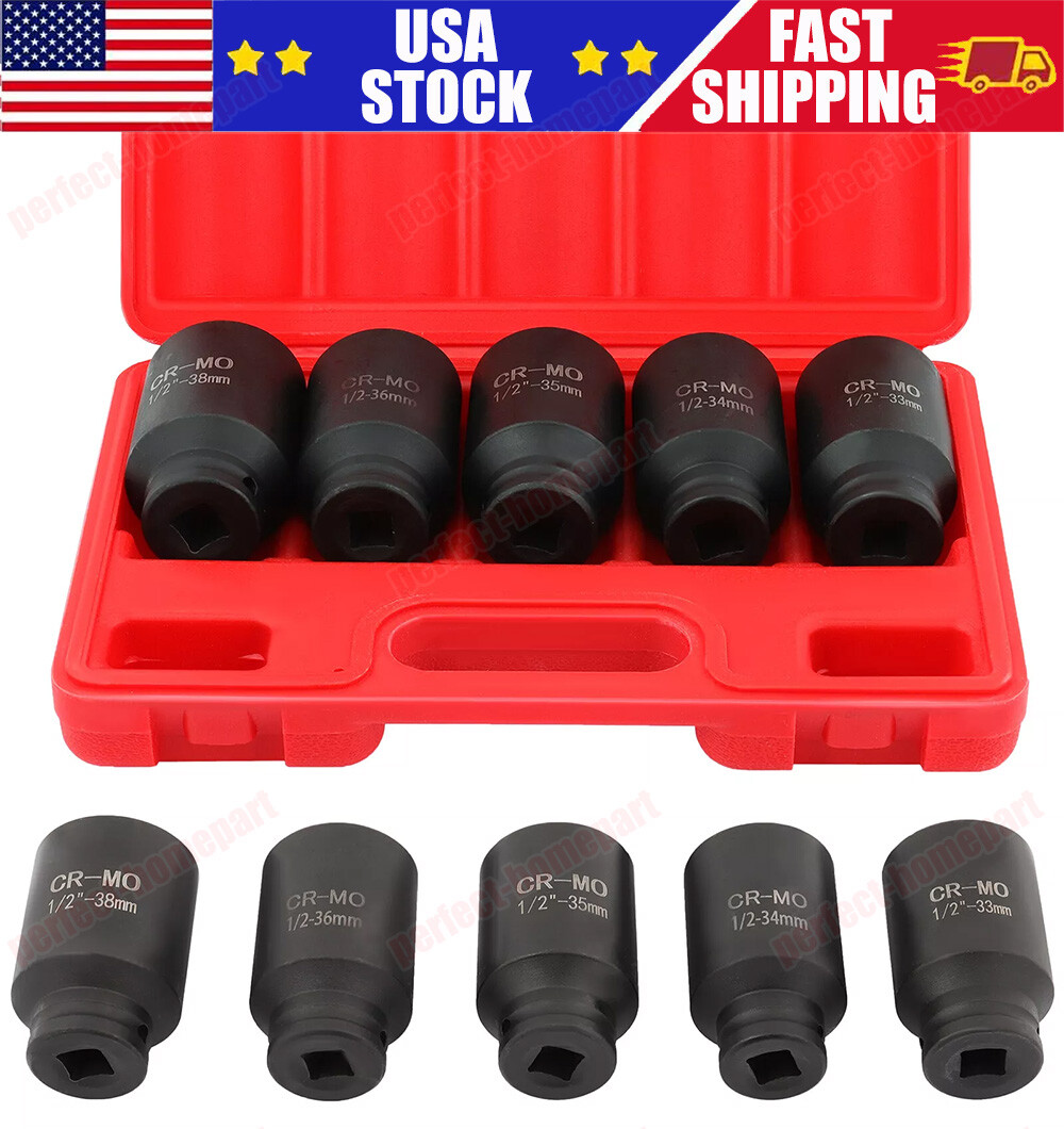 5Pcs 1/2" Drive Deep Impact Axle Hub Socket Set 6 Point 33mm 34mm 35mm 36mm 38mm
