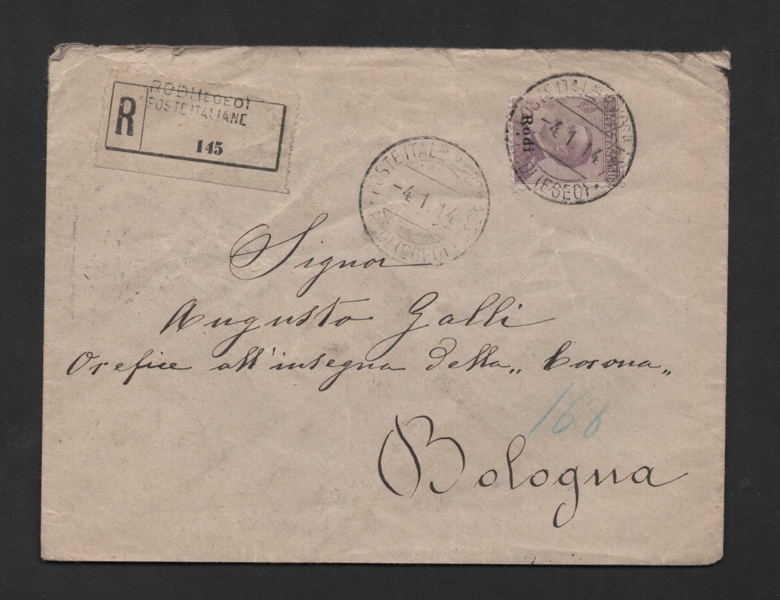 ITALY RODI 1914 REGISTERED COVER FRANKED RODI SCOTT #9 WITH RODI REGISTRATION