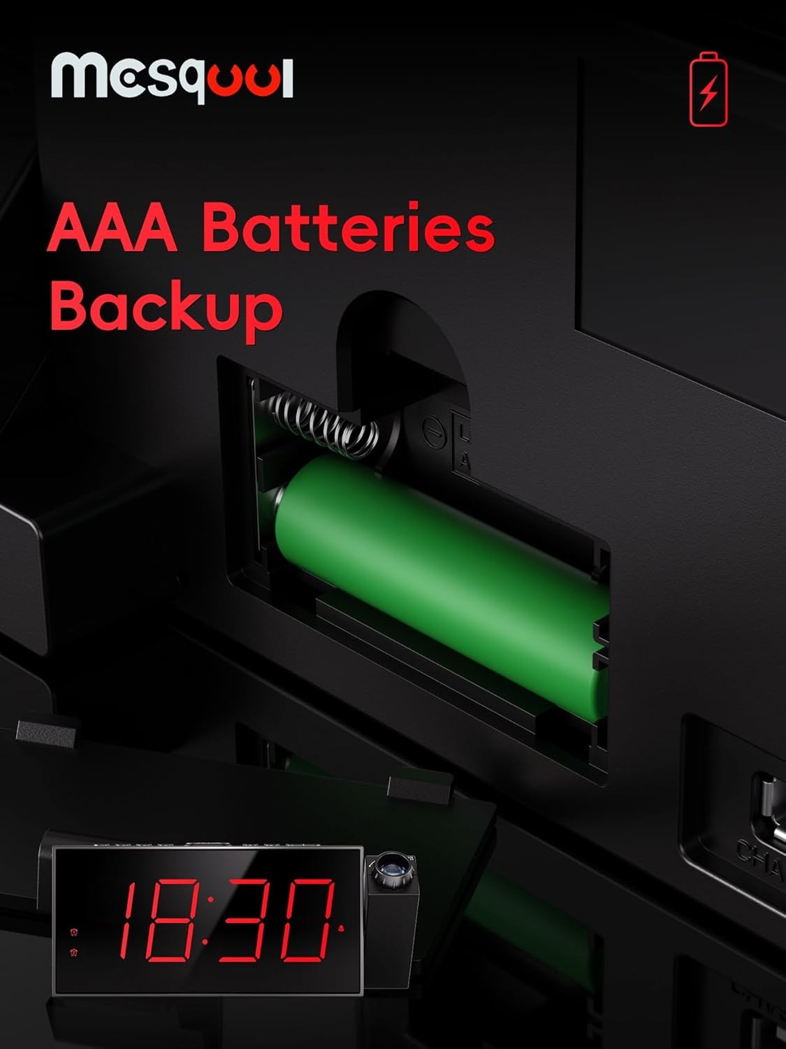 Projection Alarm Clock, Digital with Projection, Red Digits,