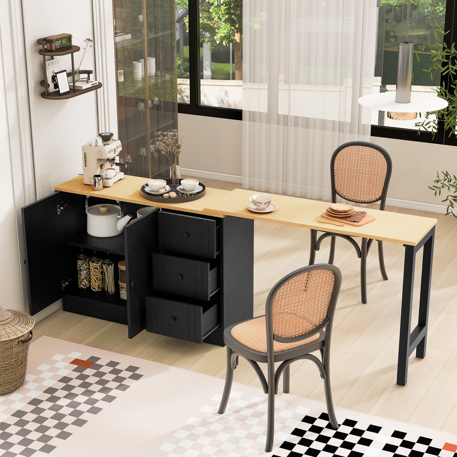 89.7''Wooden Sideboard with Extendable Table,Multifunctional Storage Cabinet*