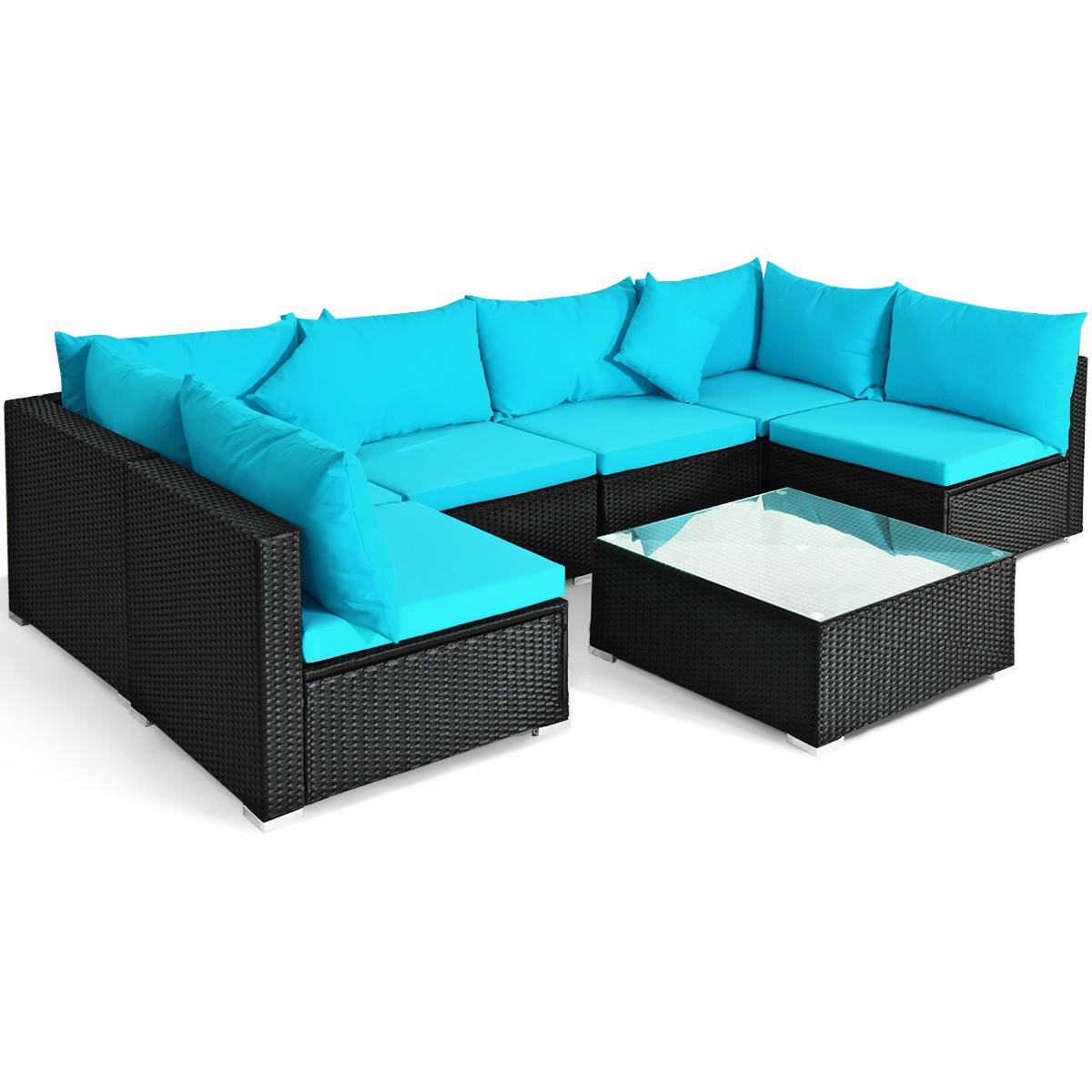 Patio 7PCS Rattan Sofa Set Sectional Conversation Furniture Set Balcony Blue