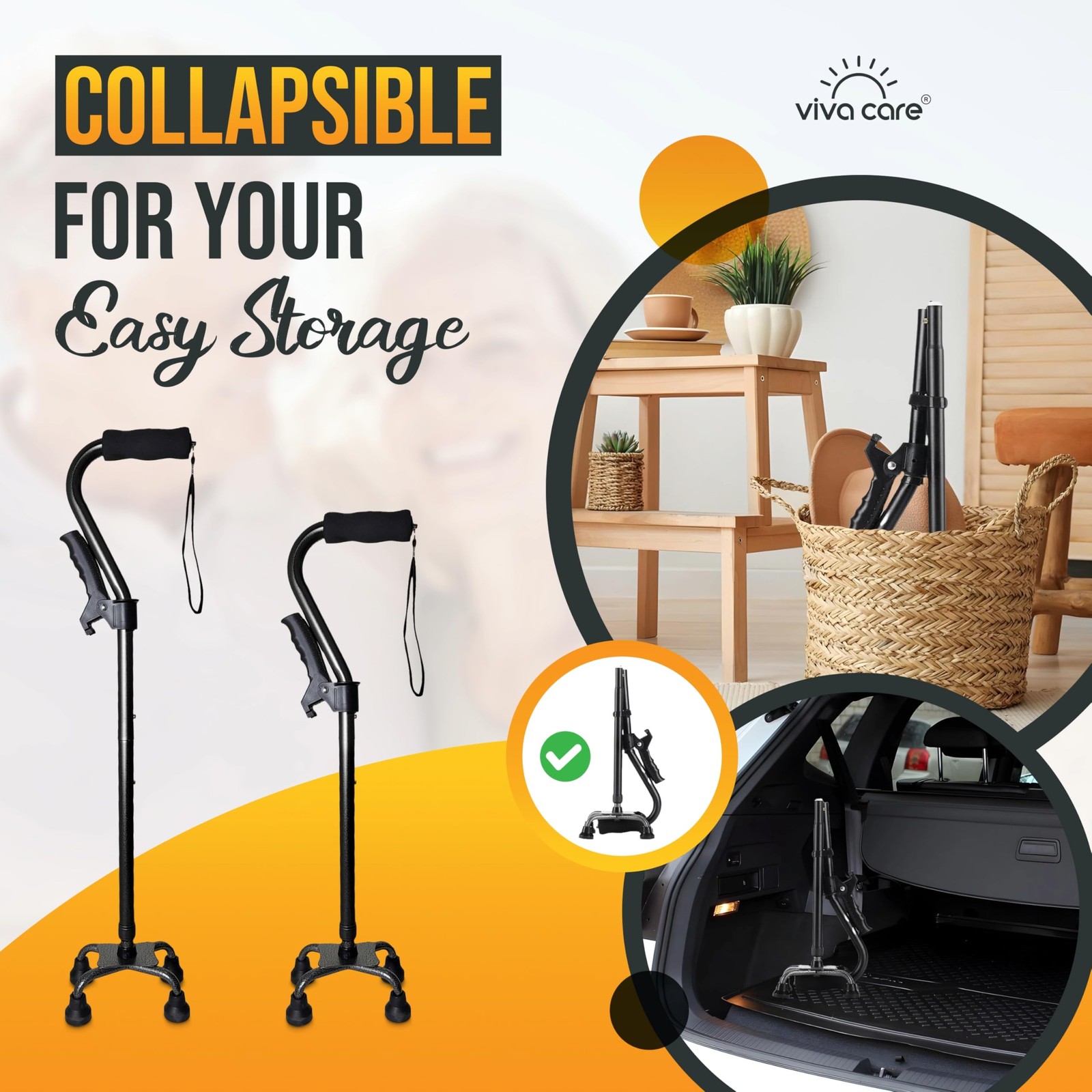 Foldable Adjustable 4 Prong Walking Cane with Extra Side Handle, Adult, Black