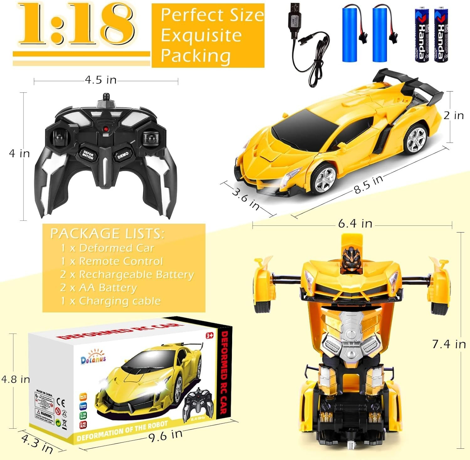 Coche teledirigido Dolanus, robot transformable, amarillo