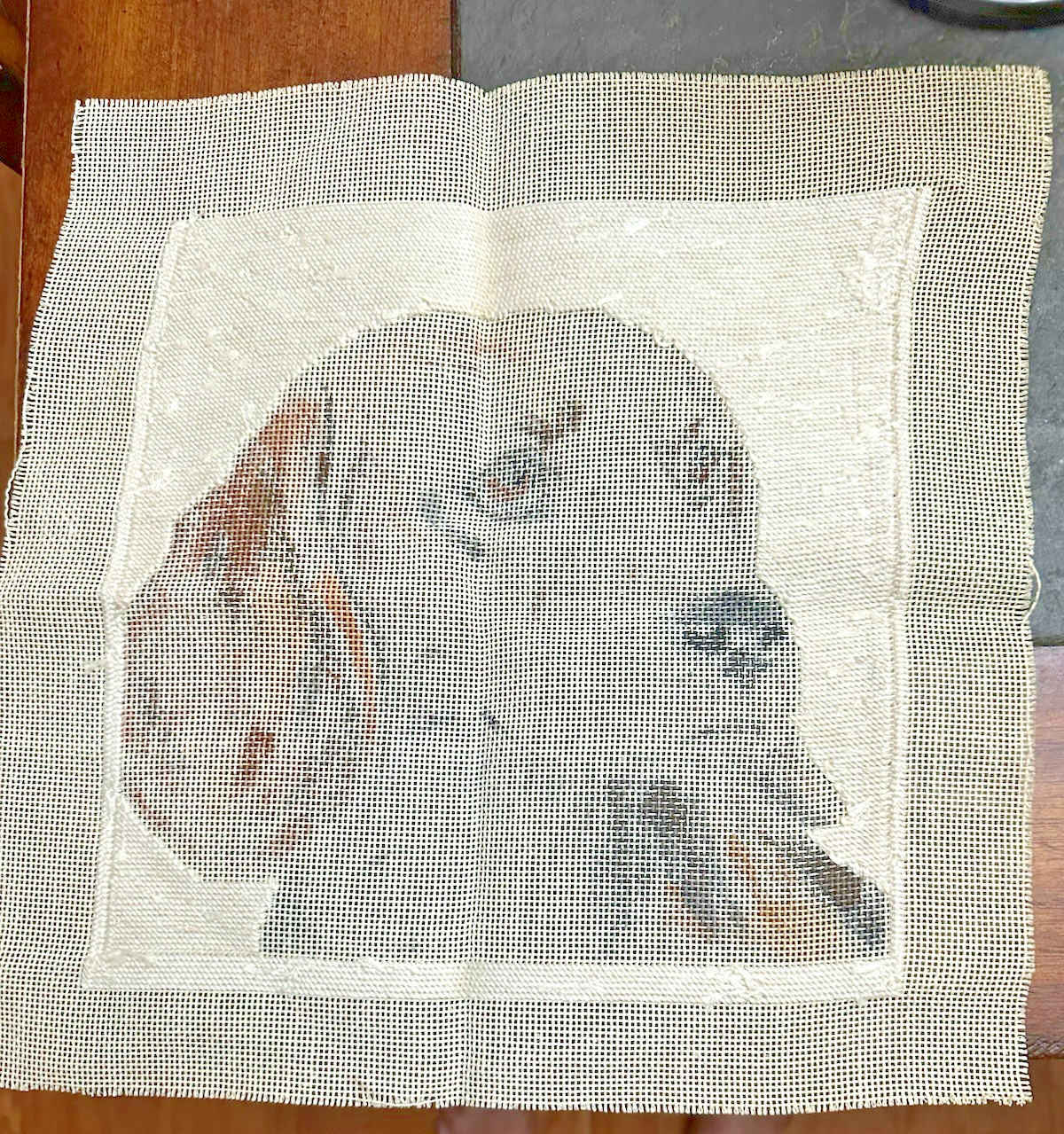 Vintage needlepoint canvas BEAGLE 10.5" x 10.5" 14 HPI started - no threads