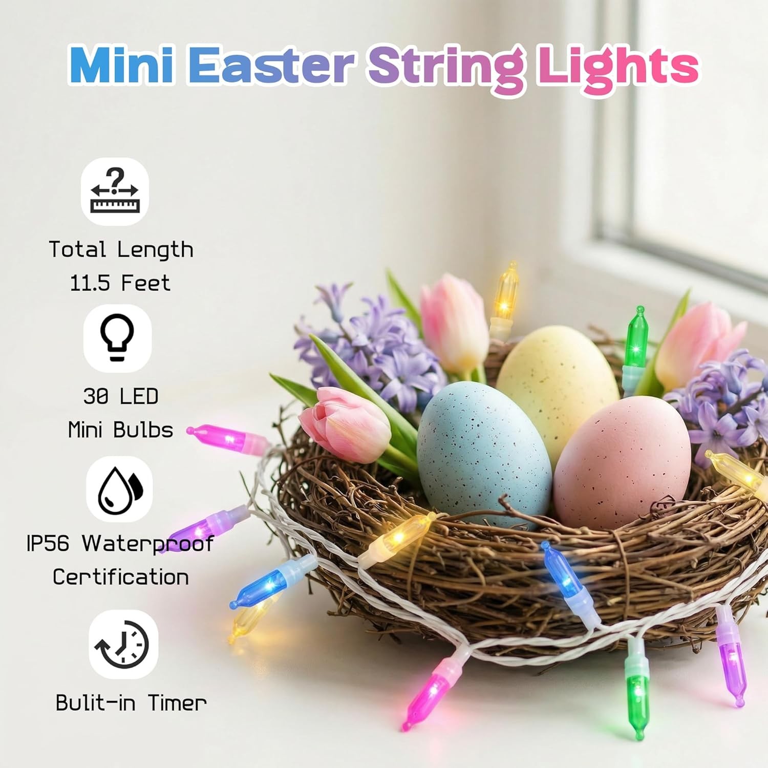 30 LED Easter Mini Lights - 11.5Ft Pastel Colored Battery String Light with 8 Mo