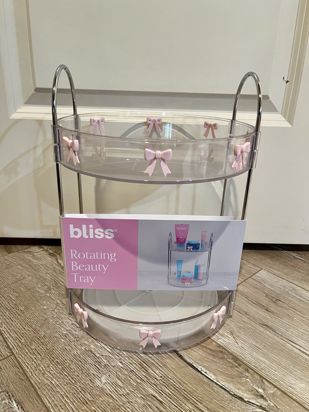 Pink bow rotating beauty tray organizer