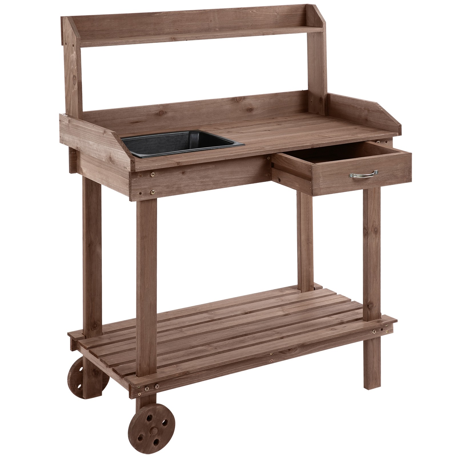 36'' Wooden Potting Bench Work Table with 2 Removable Wheels Outdoor Work Bench