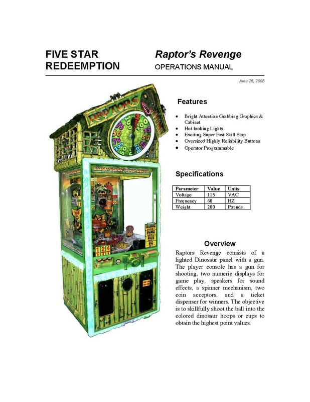 Raptor Revenge Owner Operation/Service/Repair Manual Five Star Redemption 5 Xx