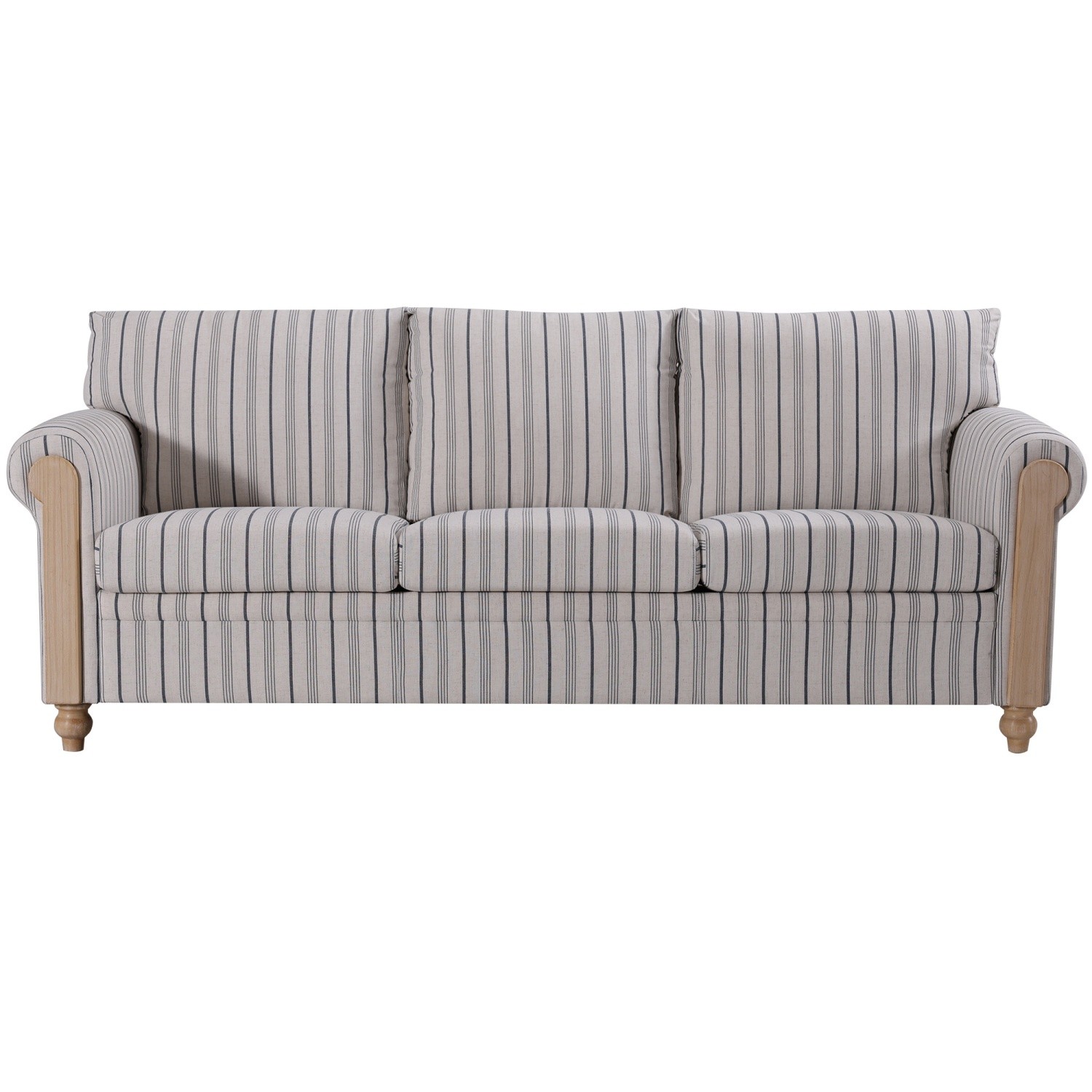 Modern Blue White Stripe 3 Seater Sofa Fabric Armrest Couch with Solid Wood Legs