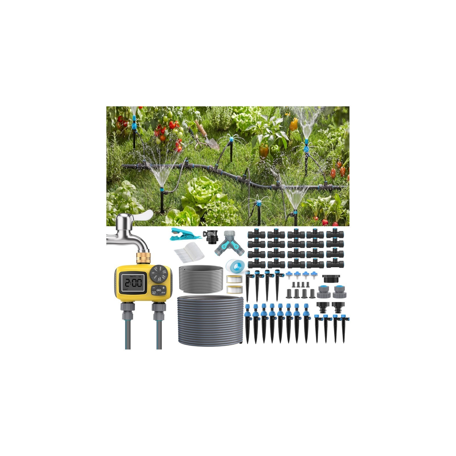 150FT Drip Irrigation Kit with 2-Zone Timer, Adjustable Nozzles & Fast-Plug Tubi