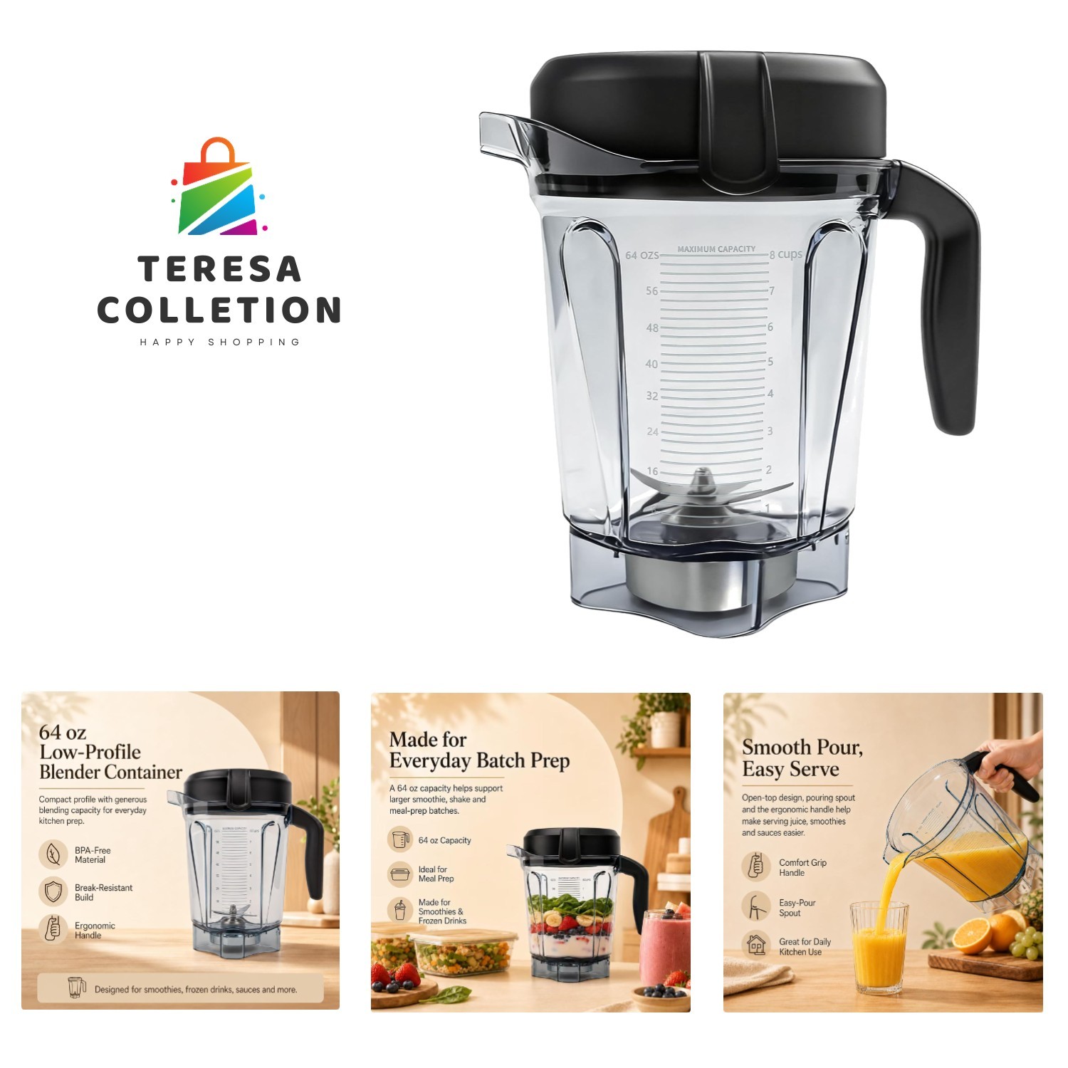 64oz Low-Profile Vitamix Blender Pitcher - BPA-Free & Compatible with 7500