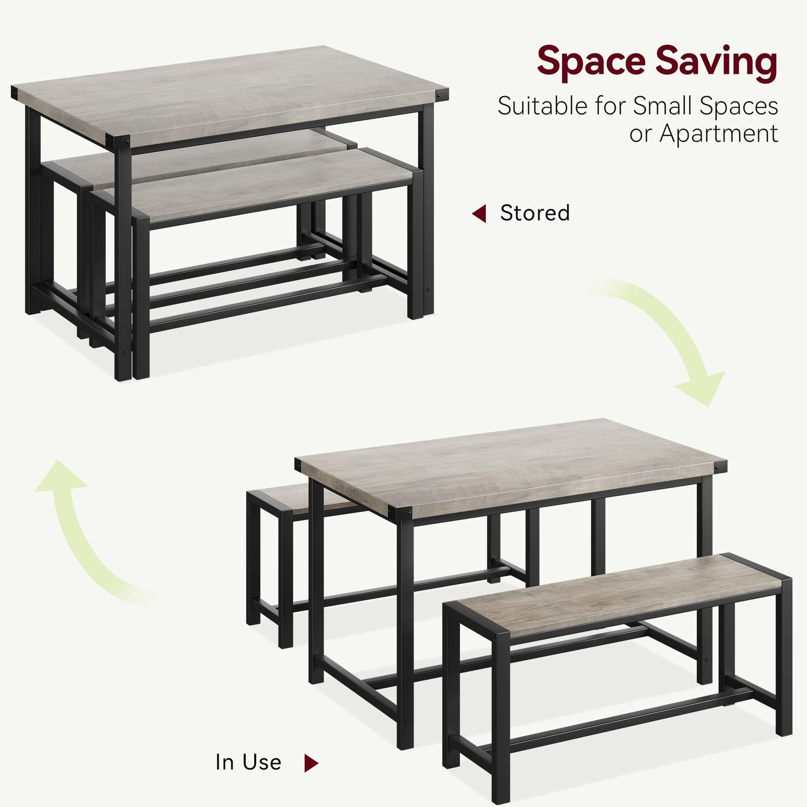 Dining Table Set for 4 Dinette Home Rectangular Kitchen Table and 2 Benches Grey