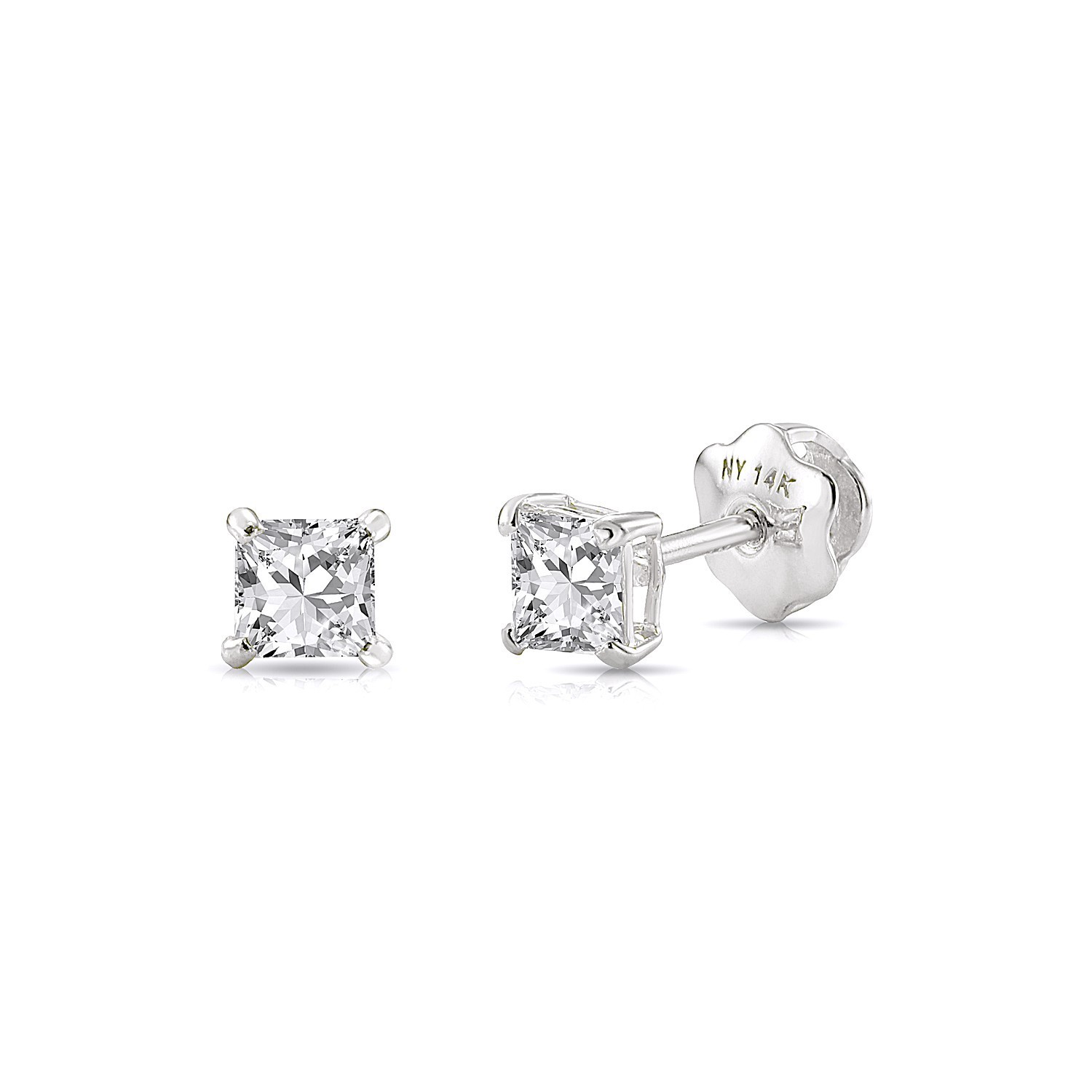14K Solid White Gold D FL Solitaire Princess-Cut Diamond Stud Earrings Lab Grown