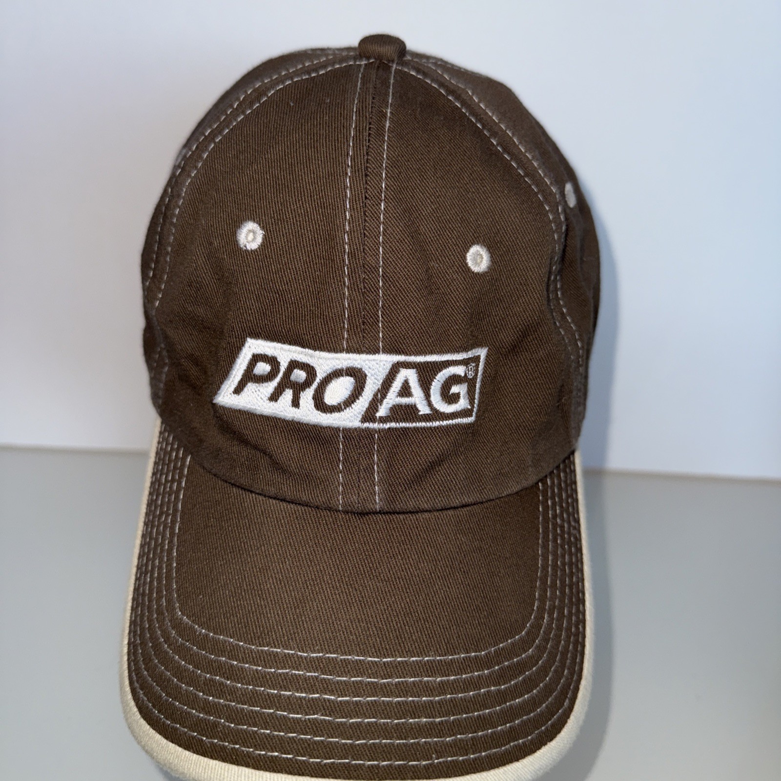 PRO AG White on Brown Cotton Hat Cap Hook Loop Port Authority White Topstitched