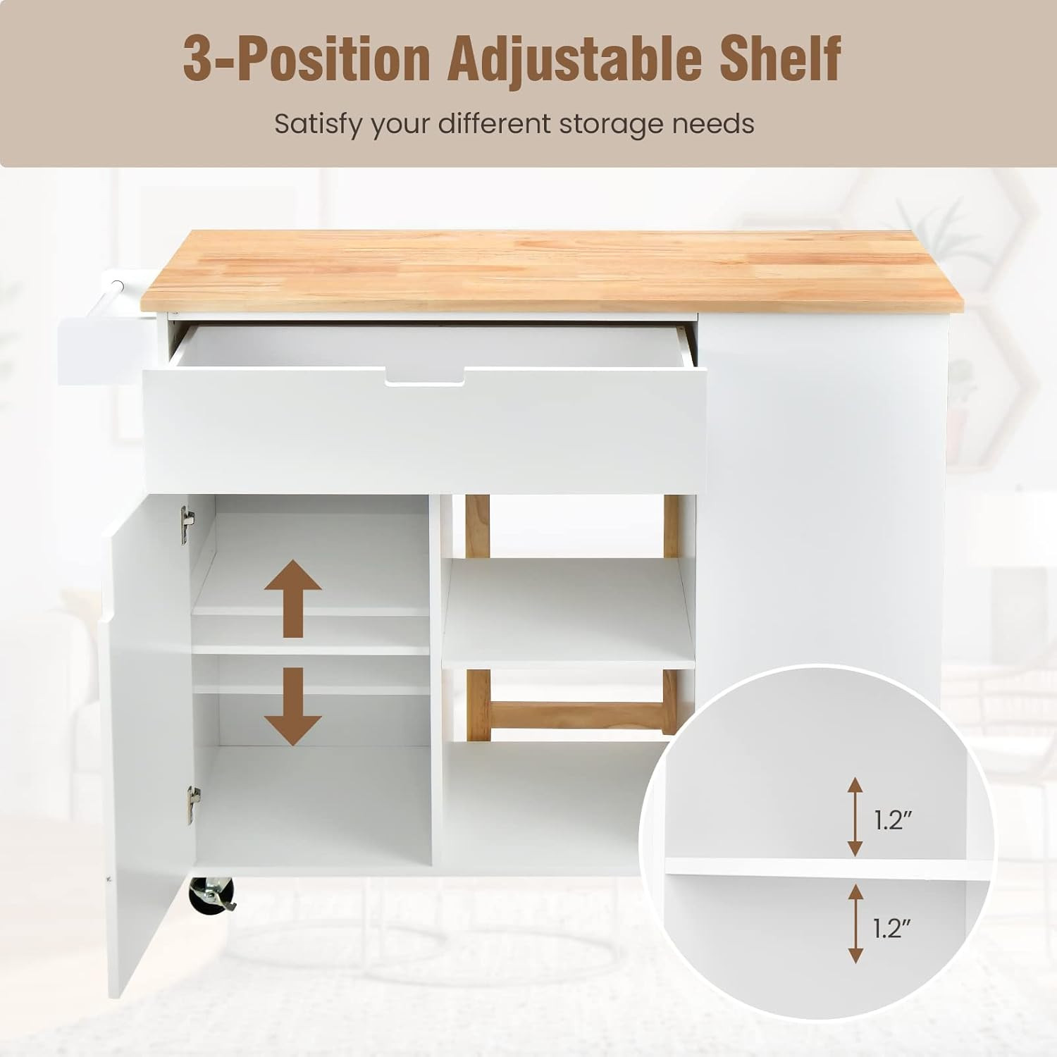 White Kitchen Island Cart with Drop-Leaf, Shelves & Rolling Wheels