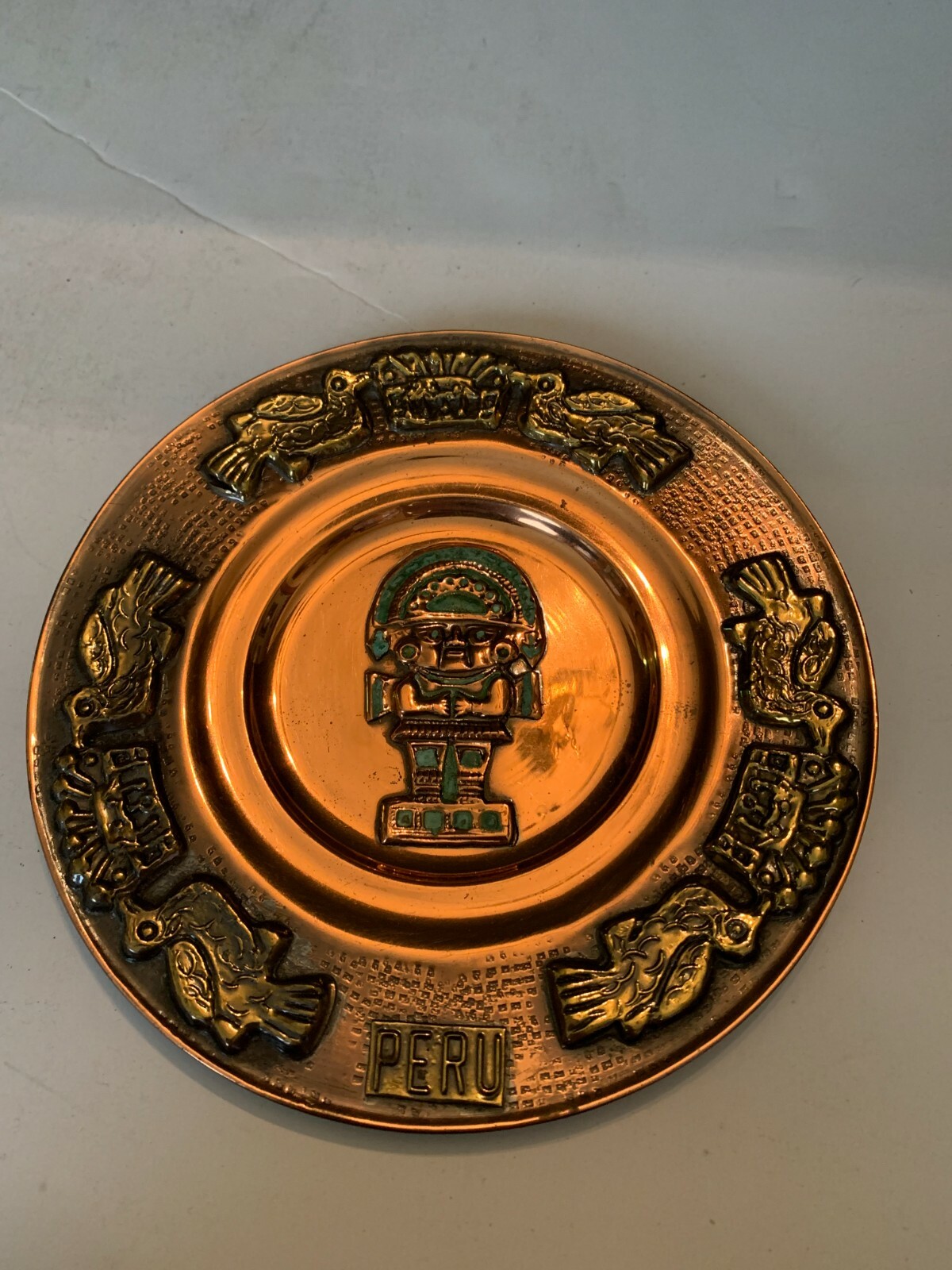Vintage Copper Peruvian Aztec Style God and Birds Wall Plate