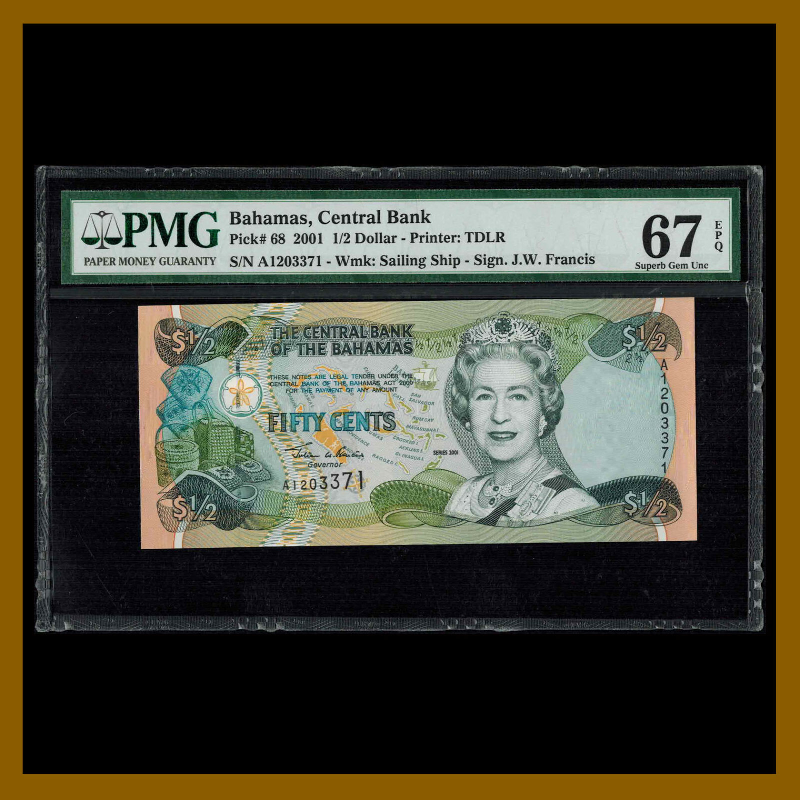 Bahamas 1/2 Dollar, 2001 P-68 PMG 67 EPQ Unc