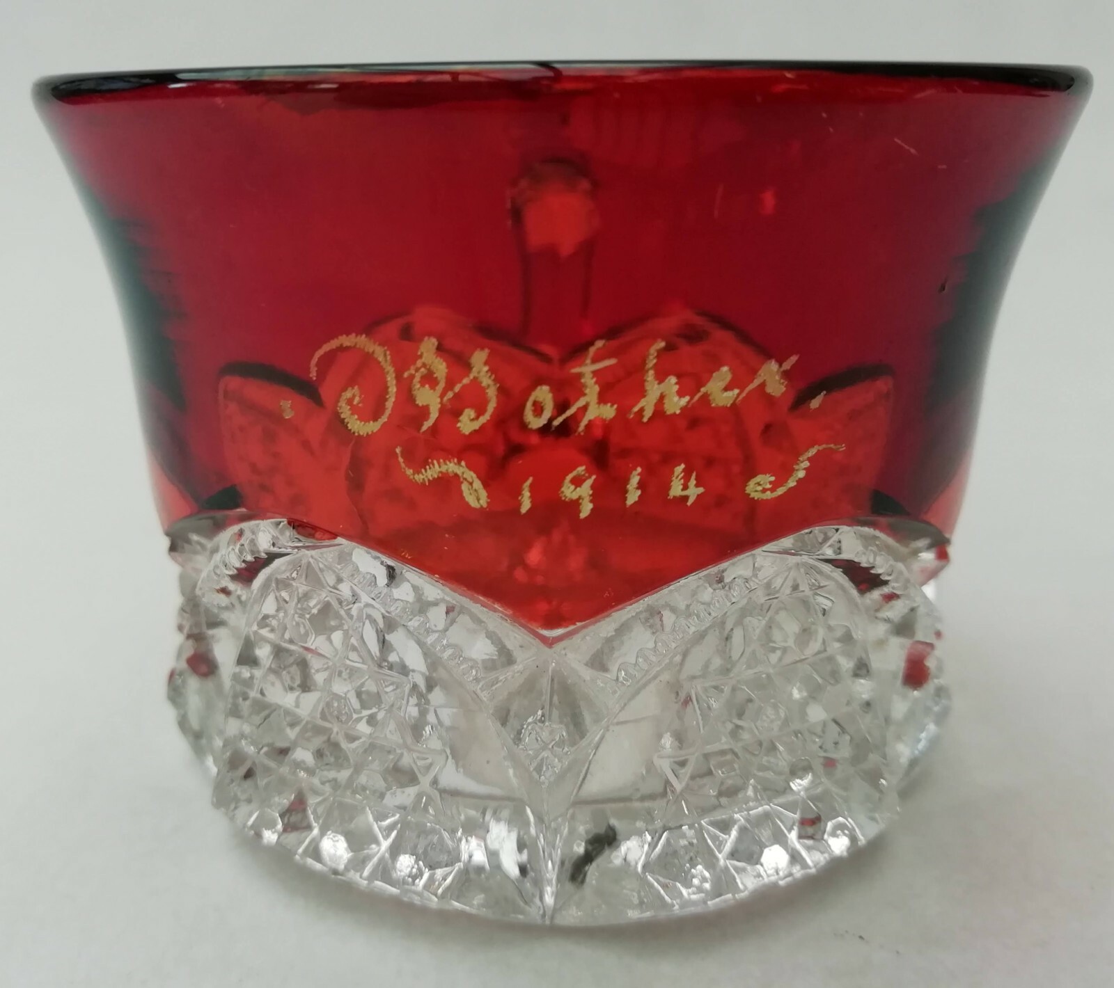 Antique Glass Cup “Mother 1914” Red Cold Painted Souvenir