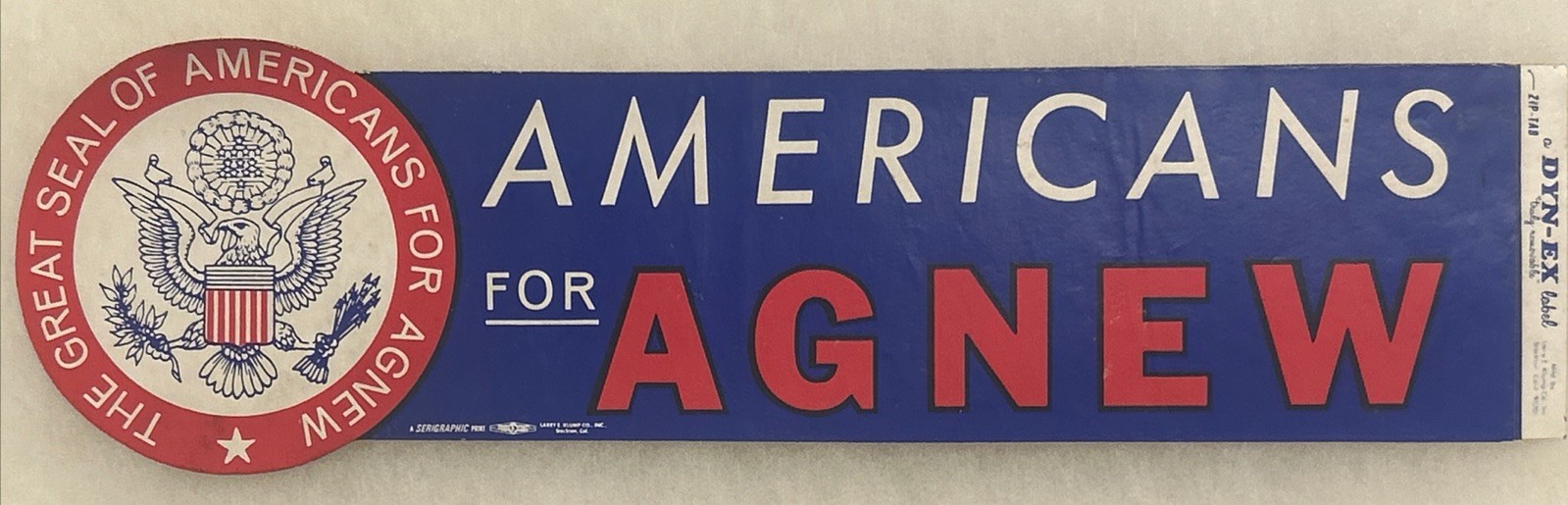 Americans For Agnew Political Bumper Sticker 12 1/2” x  3 1/2”