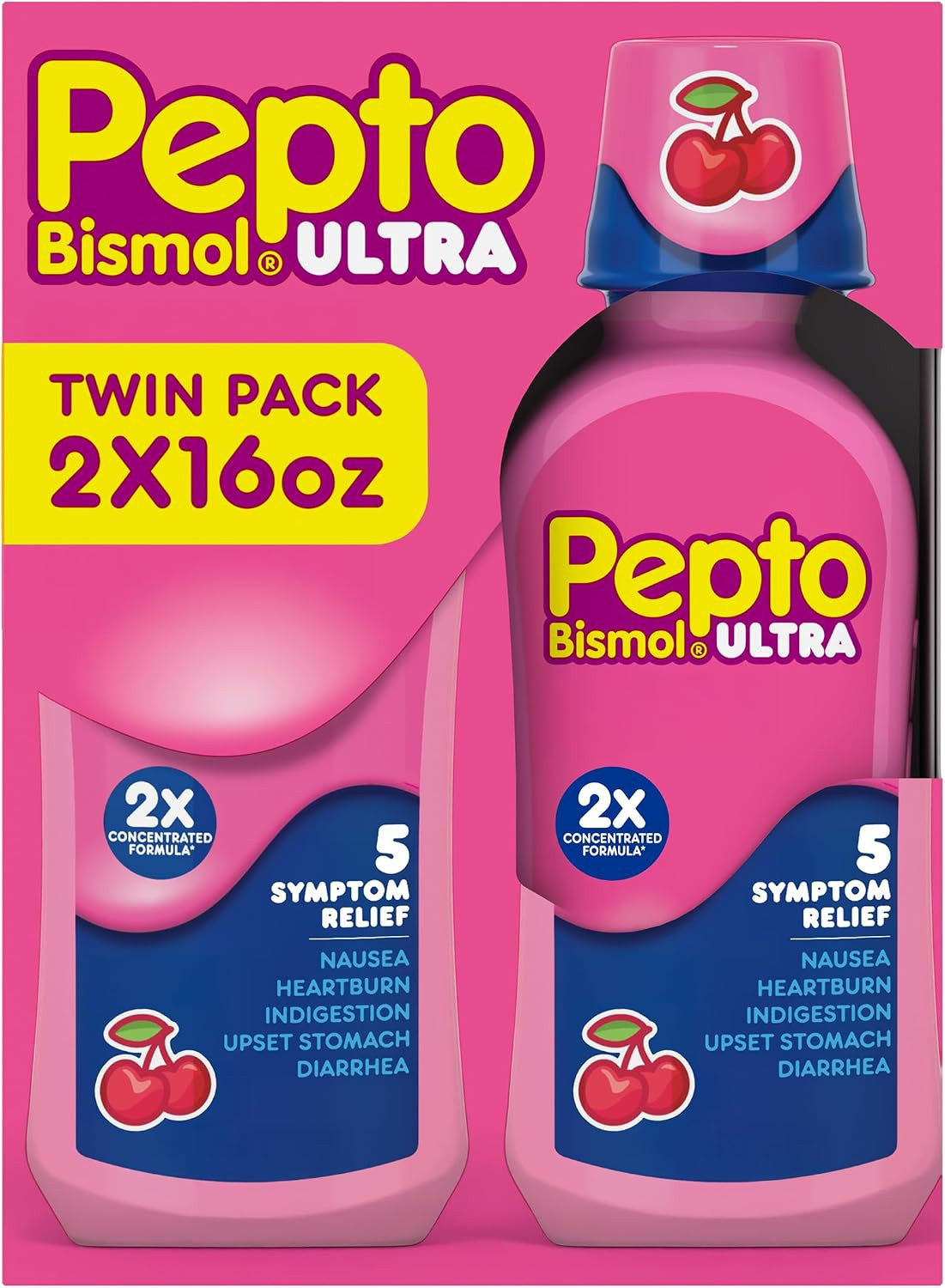 Pepto Bismol ULTRA Cherry Liquid 2x16oz Twin Pack 5 Symptom Relief New