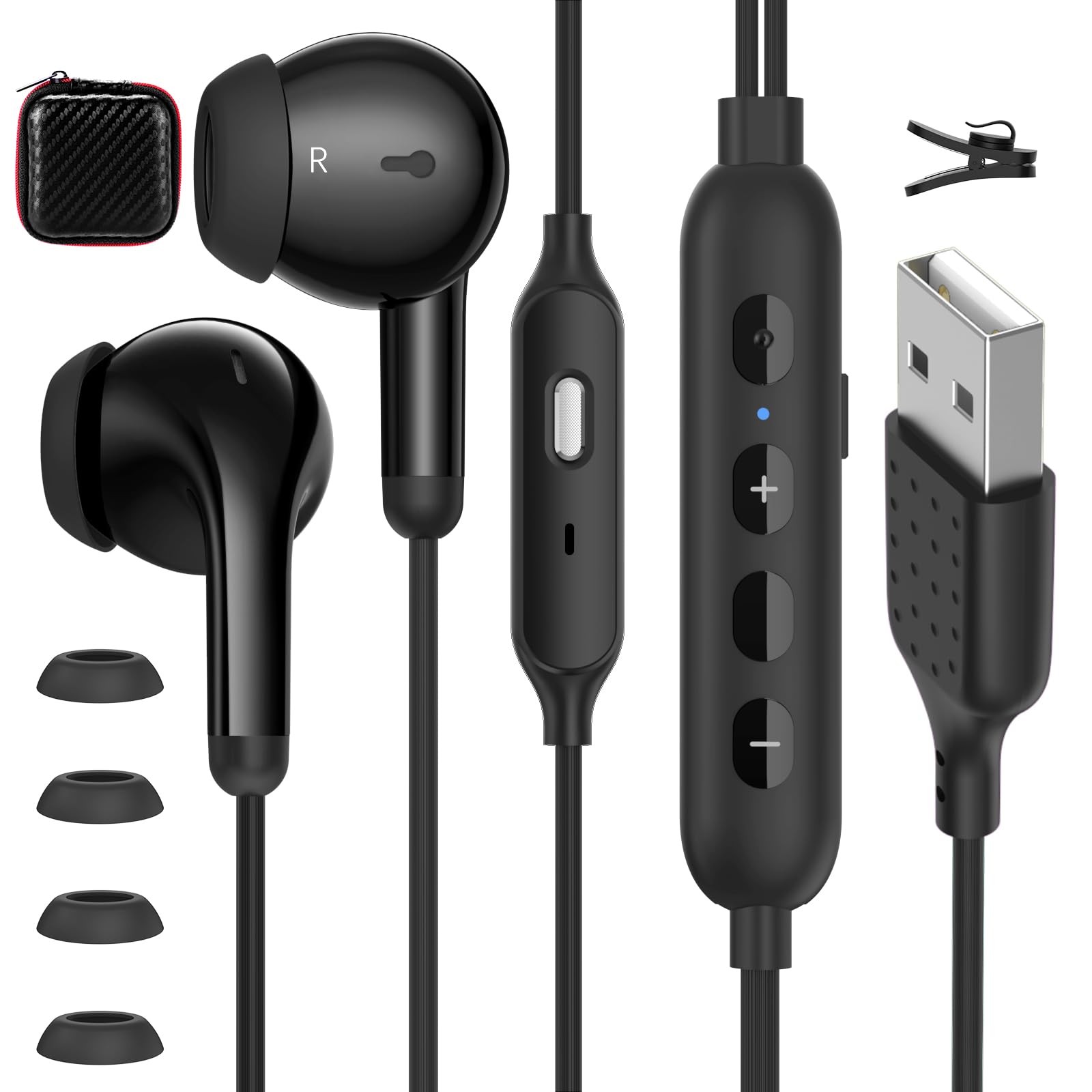 USB Earbuds Computer Headphones with 2 EQs -Bass Boost & Clear Vocal